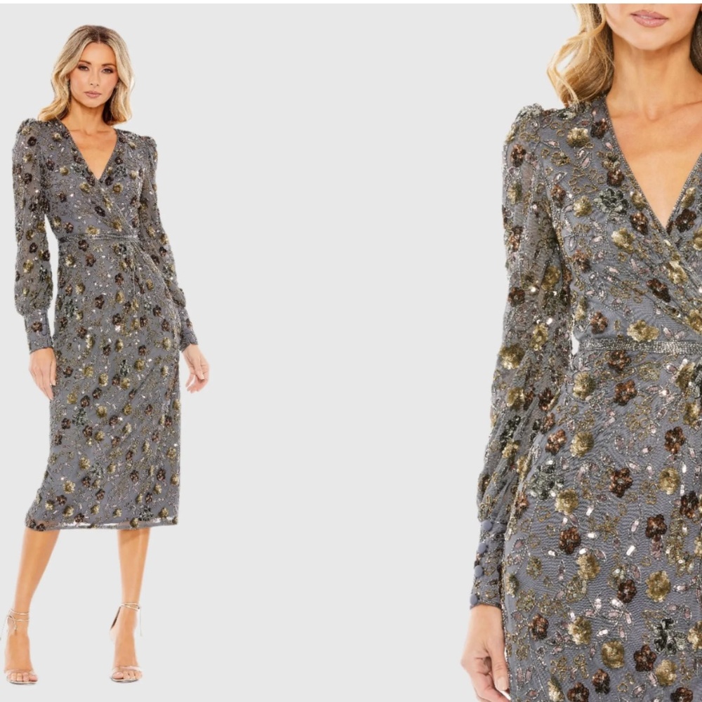 MAC DUGGAL 5571 EMEBELLISHED LONG SLEEVE V-NECK CHARCOAL MIDI DRESS sz 6